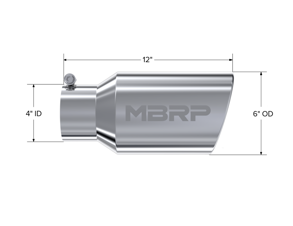 MBRP Exhaust Tip; 6in. O.D. Angled Rolled End 4in. Inlet 12in. Length; T304