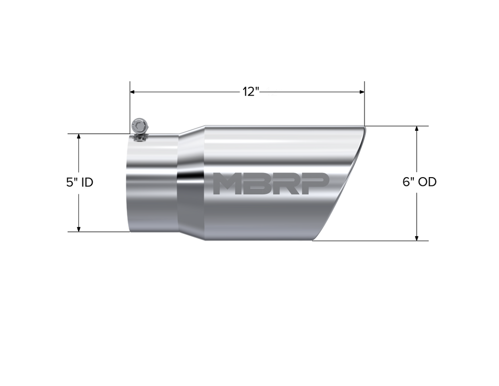MBRP Exhaust Tip; 6in. O.D. Angled Rolled End 5in. Inlet 12in. Length; T304