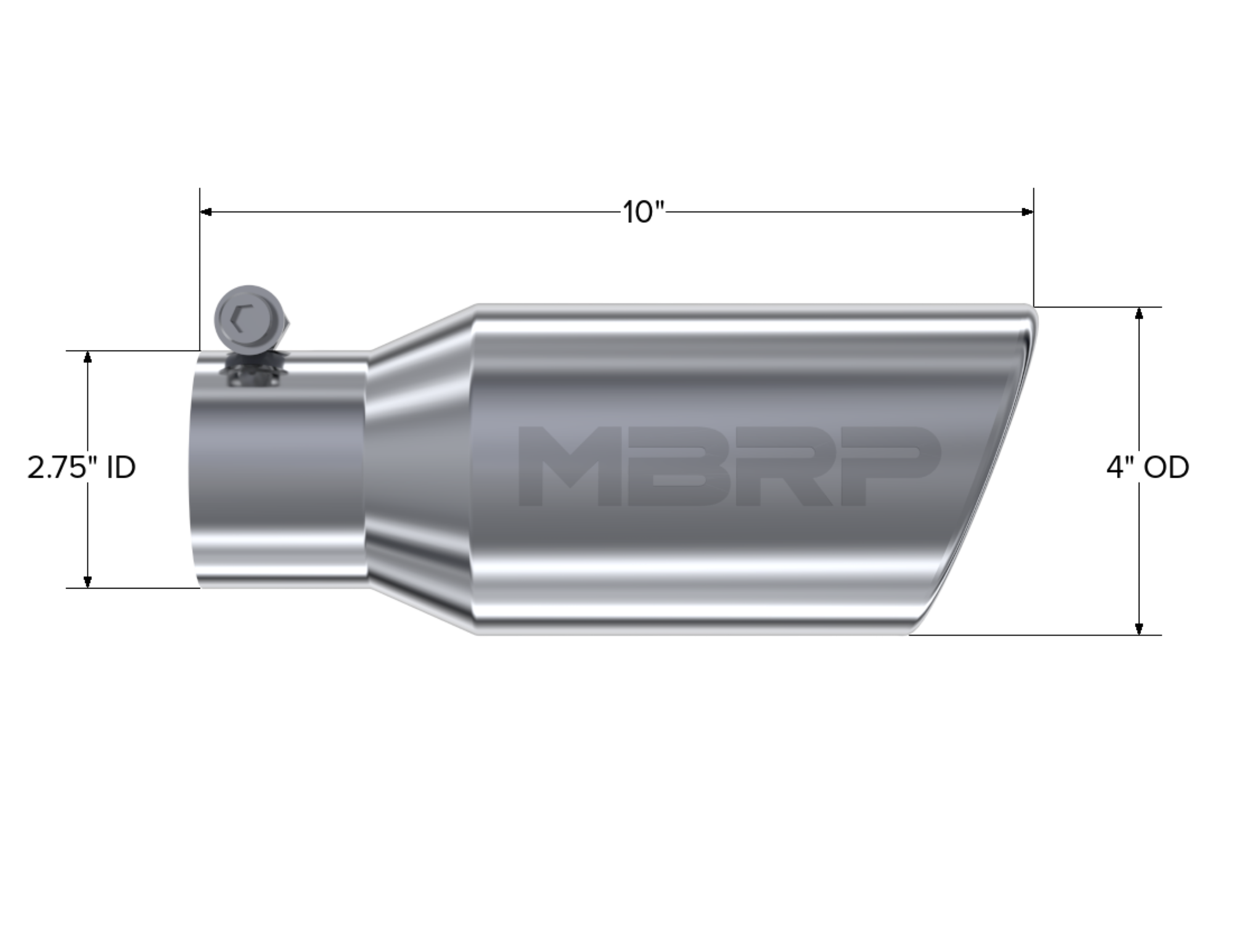 MBRP Exhaust Tip; 4in. O.D. Angled Rolled End 2 3/4in. Inlet 10in. Length; T304